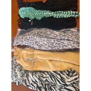 Lot of 6 Womens Scarves Bundle Zebra Leopard Lace Sequin Mustard Yellow Teal
